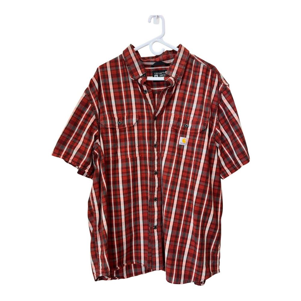Carhartt Loose Fit Plaid Button Down Shirt Mens 2XL Red Workwear Short Sleeve